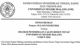 Universitas Negeri Malang Buka Seleksi Dosen Tetap 2026, Simak Persyaratan Lengkapnya