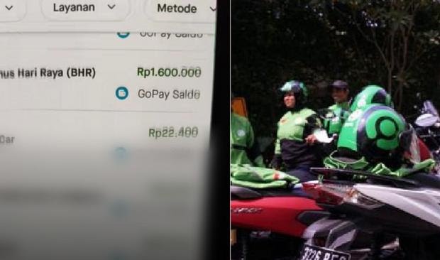 Driver ojol menunjukkan notifikasi BHR Rp1,6 juta di ponsel dengan ekspresi senang