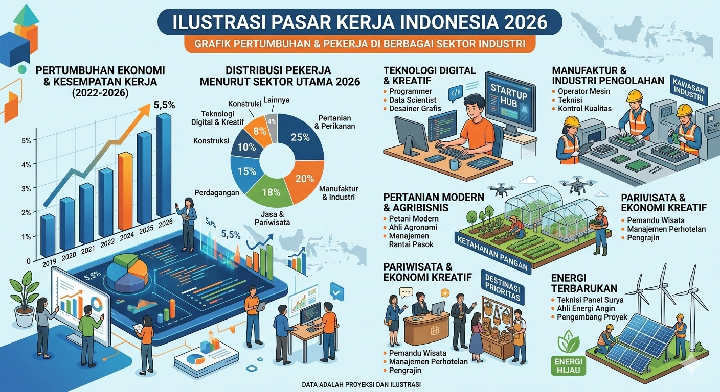 Ilustrasi pasar kerja Indonesia tahun 2026 dengan grafik pertumbuhan dan pekerja di berbagai sektor industri