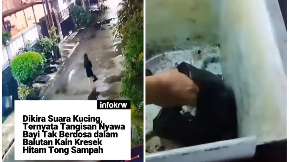  rekaman CCTV menunjukkan perempuan membuang kresek hitam di tong sampah malam hari
