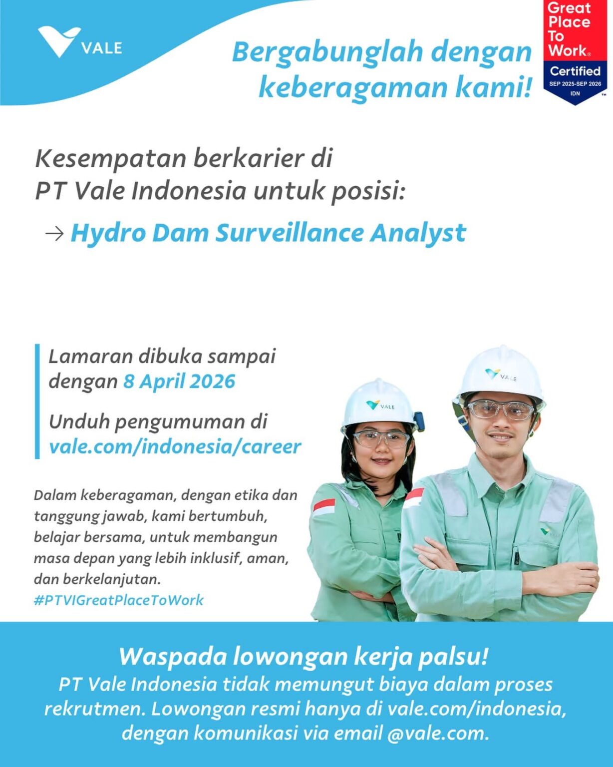 PT Vale Indonesia membuka lowongan Hydro Dam Surveillance Analyst di Luwu Timur