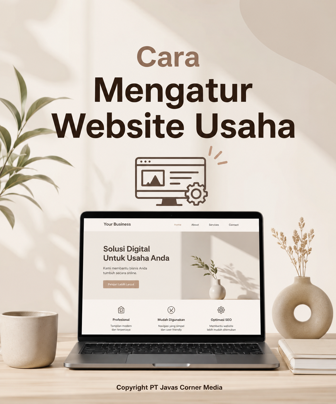 Ilustrasi website usaha profesional dengan desain modern dan optimasi SEO