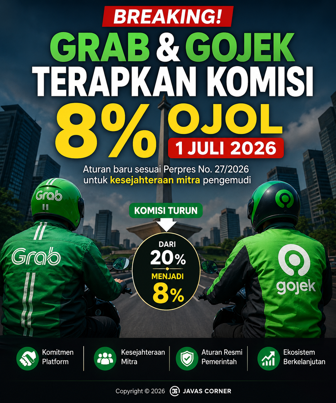 Grab dan Gojek Resmi Terapkan Komisi 8% Mulai 1 Juli 2026, Ini Dampaknya bagi Driver