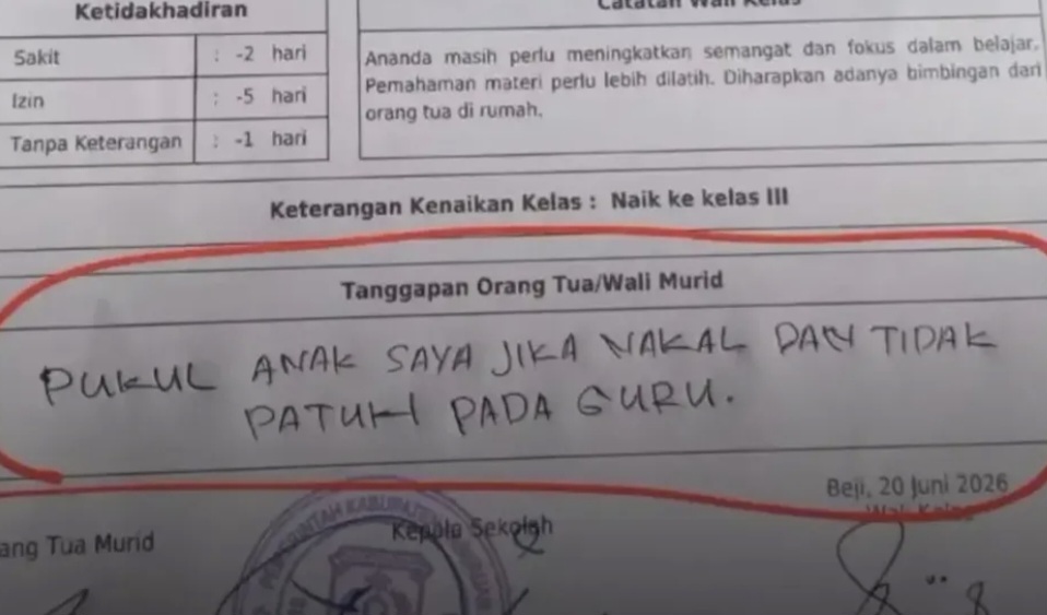 Viral! Ayah Tulis Pesan Tegas di Rapor Anak: Jangan Segan Mendidik
