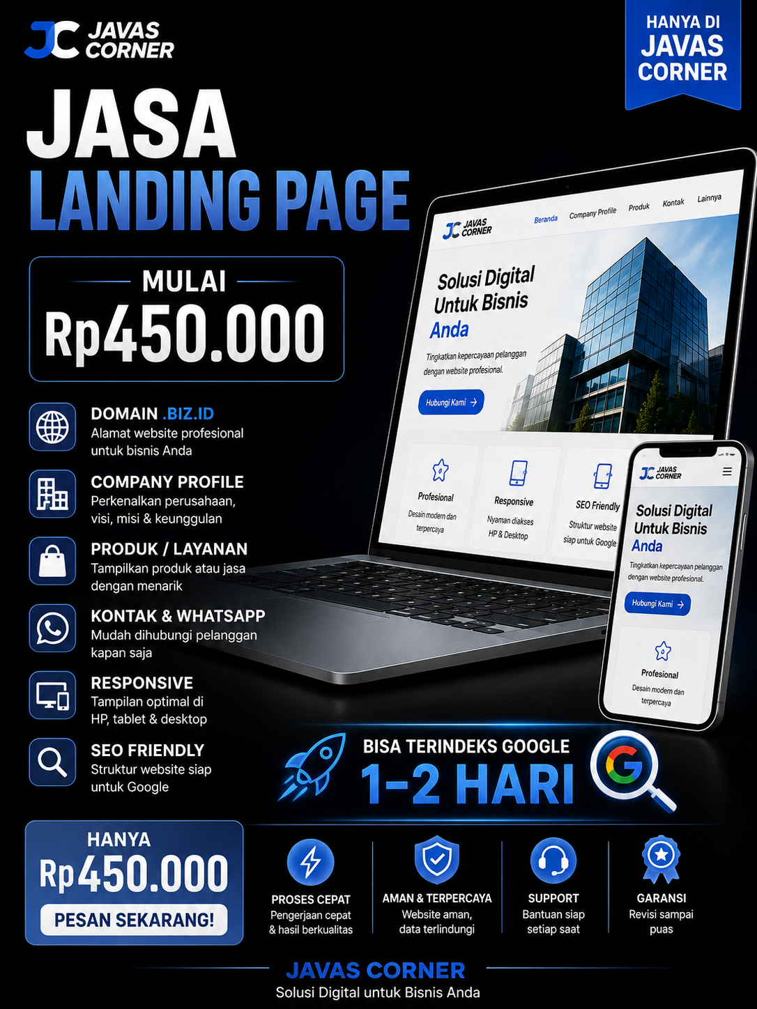 Jasa Pembuatan Landing Page Profesional Murah Mulai 450 Ribu di Javas Corner