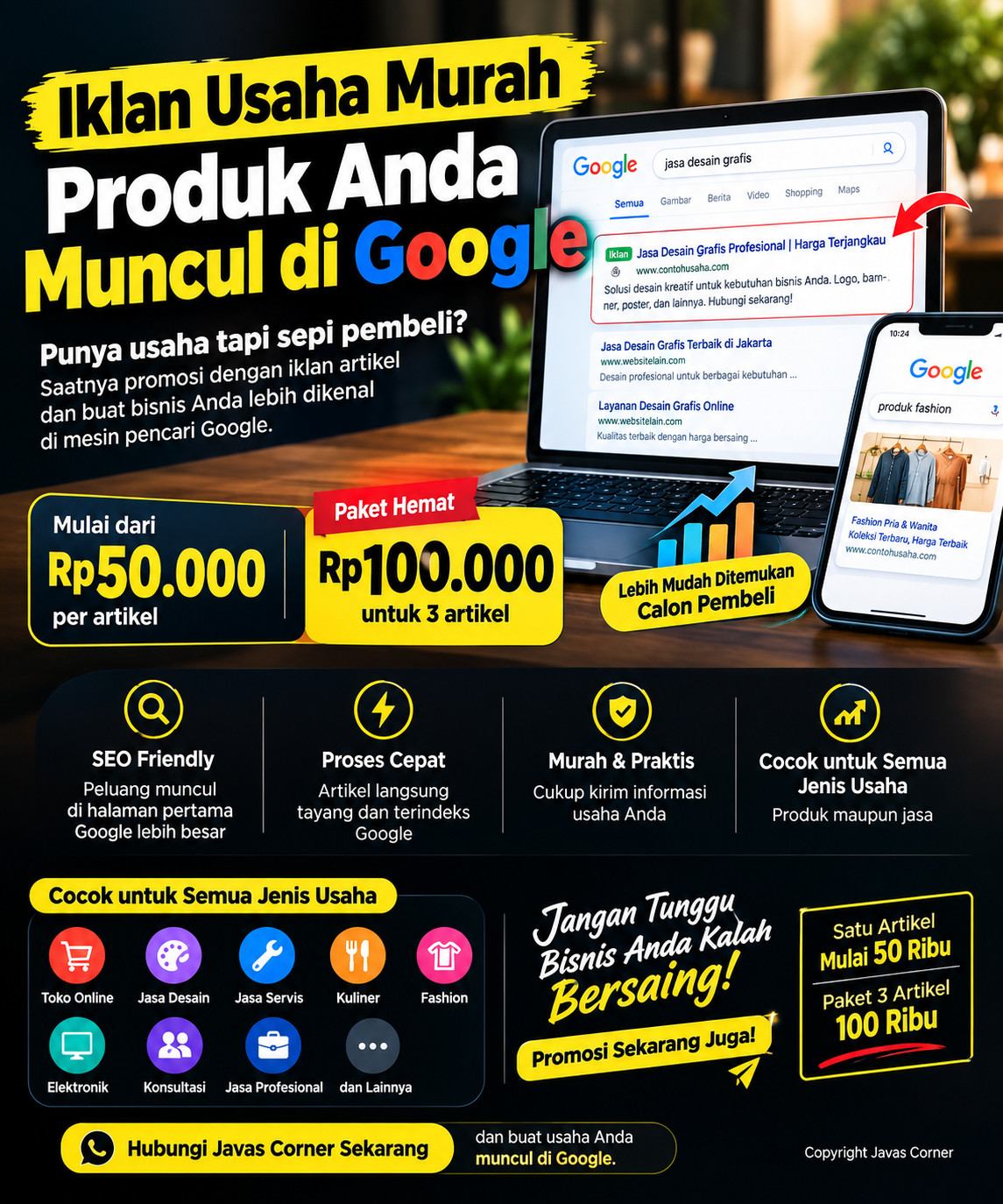 Jasa Iklan Artikel Murah Javas Corner, Solusi Tembus Google
